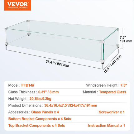 Glass Wind Guard for Rectangular Fire Pit Table 924 x 417 x 191 mm, 8mm Thick and Sturdy Tempered Glass Panel with Hard Aluminum Corner Bracket & Rubber Feet, Easy to Assemble.