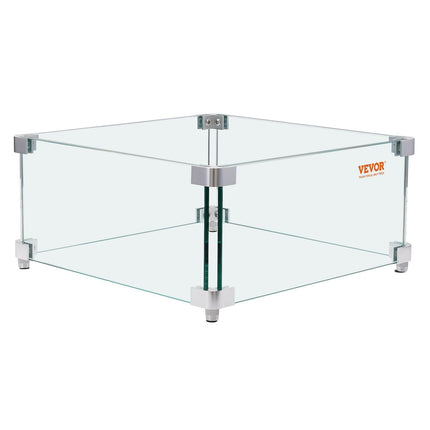 Gas Fire Pit Wind Guard for Square Fire Table, 380 x 380 x 180 mm Clear Tempered Wind Guard for Firepits, 8mm Thick Square Glass Shield, Glass Panel with Hard Corner Bracket & Feet.