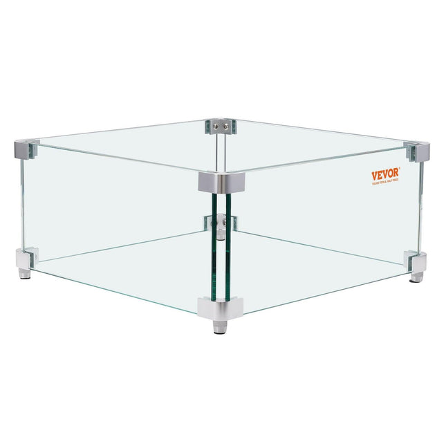 Gas Fire Pit Wind Guard for Square Fire Table, 380 x 380 x 180 mm Clear Tempered Wind Guard for Firepits, 8mm Thick Square Glass Shield, Glass Panel with Hard Corner Bracket & Feet.