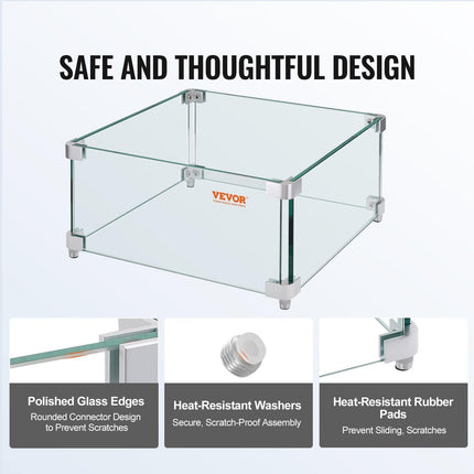 Gas Fire Pit Wind Guard for Square Fire Table, 380 x 380 x 180 mm Clear Tempered Wind Guard for Firepits, 8mm Thick Square Glass Shield, Glass Panel with Hard Corner Bracket & Feet.