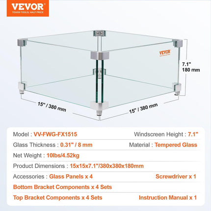 Gas Fire Pit Wind Guard for Square Fire Table, 380 x 380 x 180 mm Clear Tempered Wind Guard for Firepits, 8mm Thick Square Glass Shield, Glass Panel with Hard Corner Bracket & Feet.