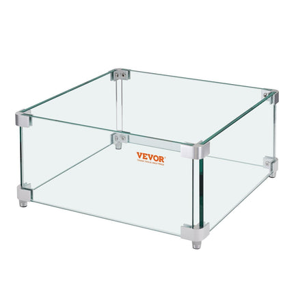 Gas Fire Pit Wind Guard for Square Fire Table, 380 x 380 x 180 mm Clear Tempered Wind Guard for Firepits, 8mm Thick Square Glass Shield, Glass Panel with Hard Corner Bracket & Feet.