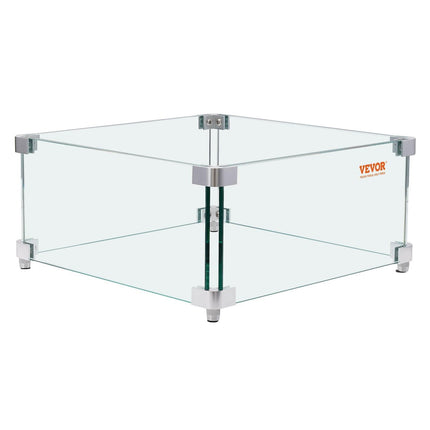 Gas Fire Pit Wind Guard for Square Fire Table, 380 x 380 x 180 mm Clear Tempered Wind Guard for Firepits, 8mm Thick Square Glass Shield, Glass Panel with Hard Corner Bracket & Feet.