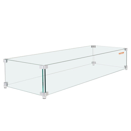 Gas Fire Pit Wind Guard for Square Fire Table, 595 x 190 x 165 mm Clear Tempered Wind Guard for Firepits, 8mm Thick Square Glass Shield, Glass Panel with Hard Corner Bracket & Feet.
