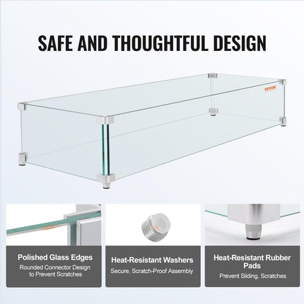 Gas Fire Pit Wind Guard for Square Fire Table, 595 x 190 x 165 mm Clear Tempered Wind Guard for Firepits, 8mm Thick Square Glass Shield, Glass Panel with Hard Corner Bracket & Feet.