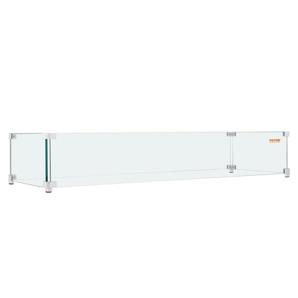 Gas Fire Pit Wind Guard for Square Fire Table, 595 x 190 x 165 mm Clear Tempered Wind Guard for Firepits, 8mm Thick Square Glass Shield, Glass Panel with Hard Corner Bracket & Feet.