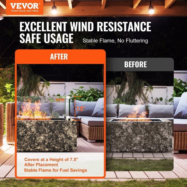 Gas Fire Pit Wind Guard for Square Fire Table, 543 x 543 x 191 mm Clear Tempered Wind Guard for Firepits, 8mm Thick Square Glass Shield, Glass Panel with Hard Corner Bracket & Feet.