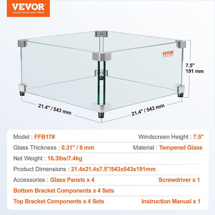 Gas Fire Pit Wind Guard for Square Fire Table, 543 x 543 x 191 mm Clear Tempered Wind Guard for Firepits, 8mm Thick Square Glass Shield, Glass Panel with Hard Corner Bracket & Feet.