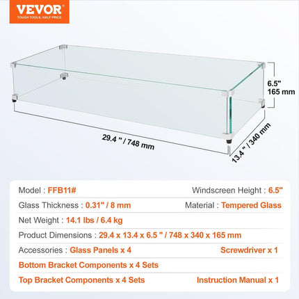 Glass Wind Guard for Rectangular Fire Pit Table 748 x 340 x 165 mm, 8mm Thick and Sturdy Tempered Glass Panel with Hard Aluminum Corner Bracket & Rubber Feet, Easy to Assemble.