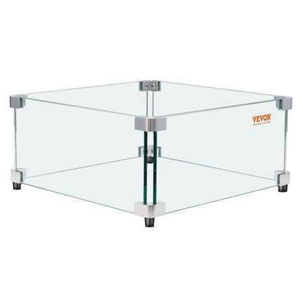 Gas Fire Pit Wind Guard for Square Fire Table, 493 x 493 x 191 mm Clear Tempered Wind Guard for Firepits, 8mm Thick Square Glass Shield, Glass Panel with Hard Corner Bracket & Feet.