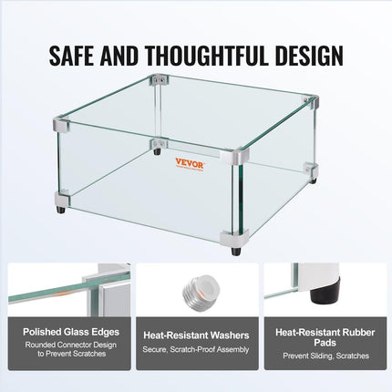 Gas Fire Pit Wind Guard for Square Fire Table, 493 x 493 x 191 mm Clear Tempered Wind Guard for Firepits, 8mm Thick Square Glass Shield, Glass Panel with Hard Corner Bracket & Feet.