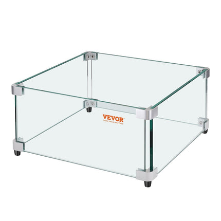 Gas Fire Pit Wind Guard for Square Fire Table, 493 x 493 x 191 mm Clear Tempered Wind Guard for Firepits, 8mm Thick Square Glass Shield, Glass Panel with Hard Corner Bracket & Feet.