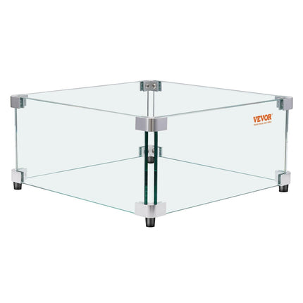 Gas Fire Pit Wind Guard for Square Fire Table, 493 x 493 x 191 mm Clear Tempered Wind Guard for Firepits, 8mm Thick Square Glass Shield, Glass Panel with Hard Corner Bracket & Feet.