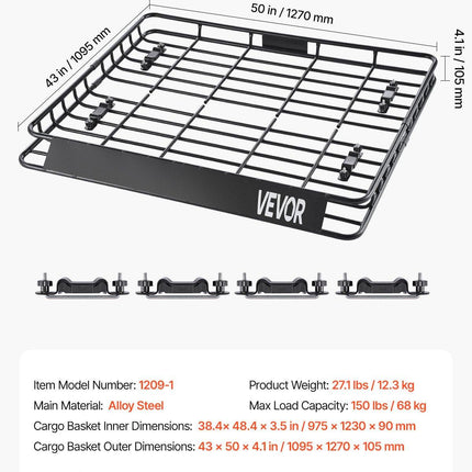 Roof Rack Cargo Carrier, 1095 x 1270 x 105 mm, Universal Rooftop Cargo Basket, Car Top Luggage Holder with 68 kg Max Load Capacity, 4.1 in Fence, Anti-Rust Alloy Steel, Wind Fairing, for SUV Car.