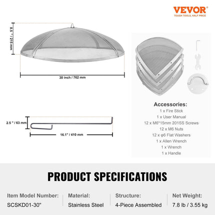 Fire Pit Spark Screen Round 30", Reinforced Heavy Duty Steel Metal Cover, Outdoor Firepit Lid, Easy-Opening Top Screen Covers Round with Ring Handle for Outdoor Patio Fire Pits Backyard.