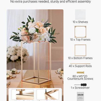 Wedding Flower Stand, 10PCS 40cm Column Flower Stand, Floral Stands with Acrylic Laminate, Gold Rectangular Floral Display Rack for Wedding, Party, Birthday, Home, Gold Centerpiece Stands.