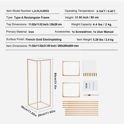 2PCS 31.5inch/80cm High Wedding Flower Stand, With Acrylic Laminate,Metal Vase Column Geometric Centerpiece Stands, Gold Rectangular Floral Display Rack for Events Reception, Party Decoration.