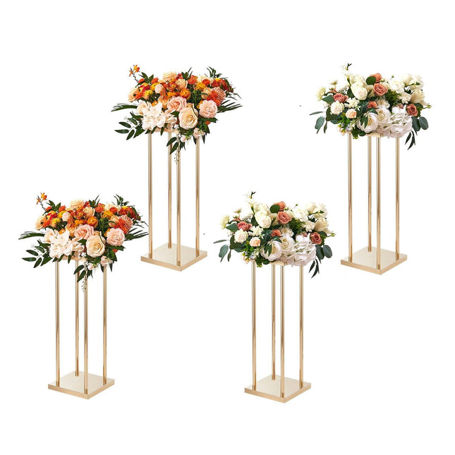 4PCS Gold Metal Column Wedding Flower Stand, 23.6inch /60cm High With Metal Laminate, Vase Geometric Centerpiece Stands, Cylindrical Floral Display Rack for Events Reception, Party Road Leads.