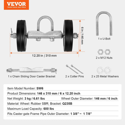 Sliding Gate Kit 6” Heavy Duty Rolling Hardware for Door 600 lbs Load.