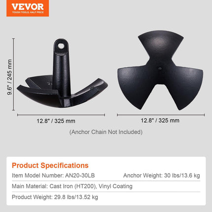 River Anchor 30LB Boat Anchor Cast Iron Black Vinyl-Coated Mushroom Anchor.