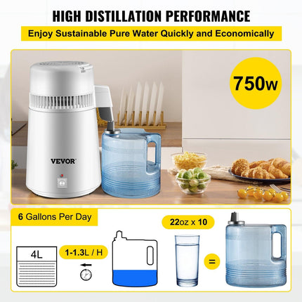 Water Distiller Purifier Pure Water Distiller Filters Water Distillation 4L Internal Stainless Steel with Collection Bottle.