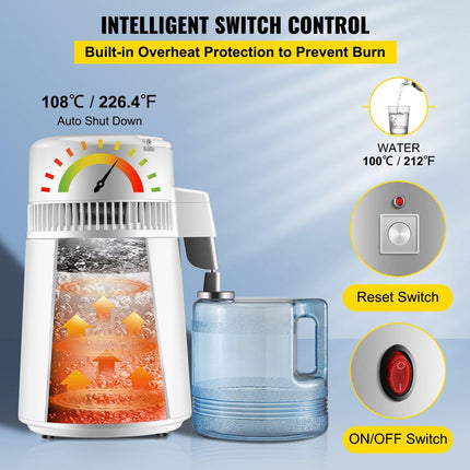 Water Distiller Purifier Pure Water Distiller Filters Water Distillation 4L Internal Stainless Steel with Collection Bottle.