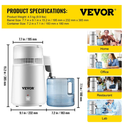 Water Distiller Purifier Pure Water Distiller Filters Water Distillation 4L Internal Stainless Steel with Collection Bottle.