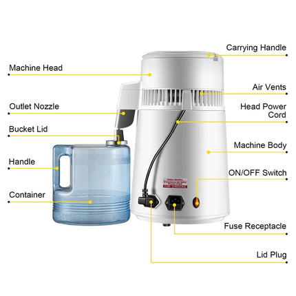 Water Distiller Purifier Pure Water Distiller Filters Water Distillation 4L Internal Stainless Steel with Collection Bottle.