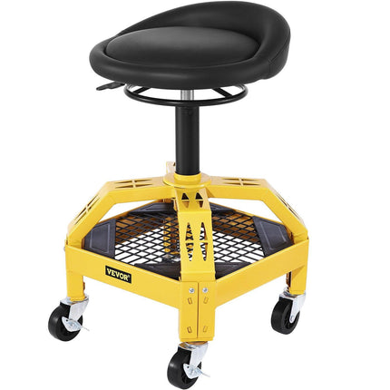 Rolling Garage Stool, 300LBS Capacity, Adjustable Height from 24 in to 28.7 in, Mechanic Seat with 360-degree Swivel Wheels and Tool Tray, for Workshop, Auto Repair Shop, Yellow.