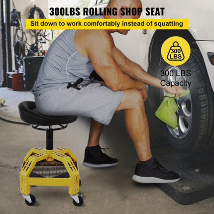 Rolling Garage Stool, 300LBS Capacity, Adjustable Height from 24 in to 28.7 in, Mechanic Seat with 360-degree Swivel Wheels and Tool Tray, for Workshop, Auto Repair Shop, Yellow.