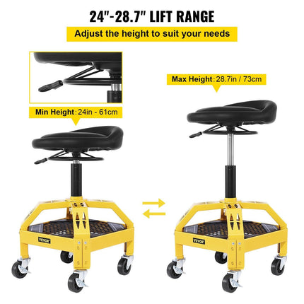 Rolling Garage Stool, 300LBS Capacity, Adjustable Height from 24 in to 28.7 in, Mechanic Seat with 360-degree Swivel Wheels and Tool Tray, for Workshop, Auto Repair Shop, Yellow.