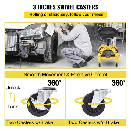 Rolling Garage Stool, 300LBS Capacity, Adjustable Height from 24 in to 28.7 in, Mechanic Seat with 360-degree Swivel Wheels and Tool Tray, for Workshop, Auto Repair Shop, Yellow.