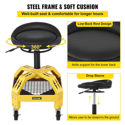 Rolling Garage Stool, 300LBS Capacity, Adjustable Height from 24 in to 28.7 in, Mechanic Seat with 360-degree Swivel Wheels and Tool Tray, for Workshop, Auto Repair Shop, Yellow.