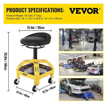 Rolling Garage Stool, 300LBS Capacity, Adjustable Height from 24 in to 28.7 in, Mechanic Seat with 360-degree Swivel Wheels and Tool Tray, for Workshop, Auto Repair Shop, Yellow.