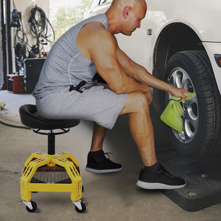 Rolling Garage Stool, 300LBS Capacity, Adjustable Height from 24 in to 28.7 in, Mechanic Seat with 360-degree Swivel Wheels and Tool Tray, for Workshop, Auto Repair Shop, Yellow.