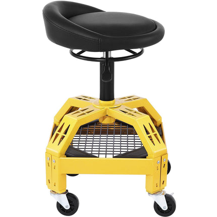 Rolling Garage Stool, 300LBS Capacity, Adjustable Height from 24 in to 28.7 in, Mechanic Seat with 360-degree Swivel Wheels and Tool Tray, for Workshop, Auto Repair Shop, Yellow.