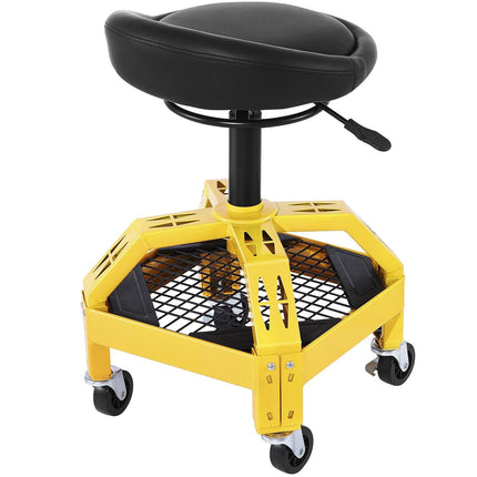 Rolling Garage Stool, 300LBS Capacity, Adjustable Height from 24 in to 28.7 in, Mechanic Seat with 360-degree Swivel Wheels and Tool Tray, for Workshop, Auto Repair Shop, Yellow.