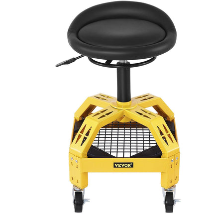 Rolling Garage Stool, 300LBS Capacity, Adjustable Height from 24 in to 28.7 in, Mechanic Seat with 360-degree Swivel Wheels and Tool Tray, for Workshop, Auto Repair Shop, Yellow.
