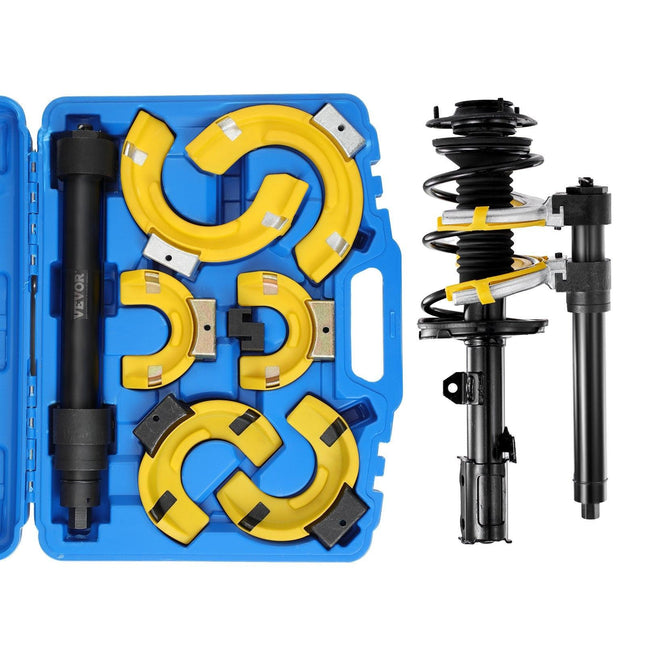 Strut Spring Compressor Set, Macpherson Strut Spring Compressor Kit, Interchangeable Fork Strut Coil Extractor Remover Tool, with Yellow Protective Sleeve and Carrying Case.