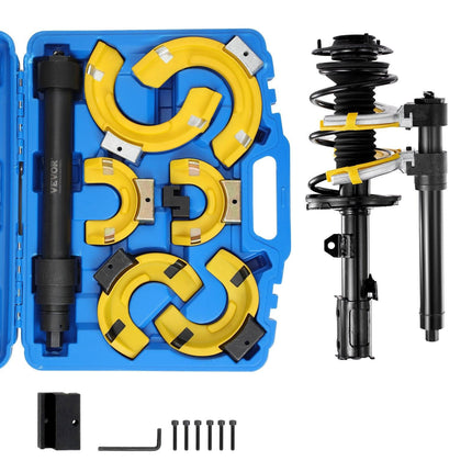 Strut Spring Compressor Set, Macpherson Strut Spring Compressor Kit, Interchangeable Fork Strut Coil Extractor Remover Tool, with Yellow Protective Sleeve and Carrying Case.