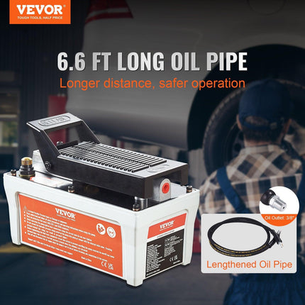 VEVOR Air Hydraulic Pump, 10,000 PSI 1/2 Gal Reservoir, NPT 3/8" Oil Outlet, NPT 1/4" Inlet, 6.6 ft Pipe, Foot Actuated Hydraulic Pump Air Treadle for Auto Body Frame Machines and Pulling Post, Gray.