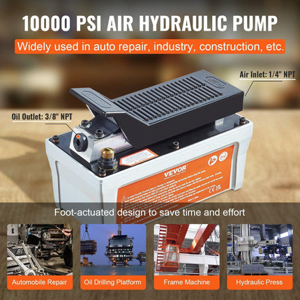 VEVOR Air Hydraulic Pump, 10,000 PSI 1/2 Gal Reservoir, NPT 3/8" Oil Outlet, NPT 1/4" Inlet, 6.6 ft Pipe, Foot Actuated Hydraulic Pump Air Treadle for Auto Body Frame Machines and Pulling Post, Gray.