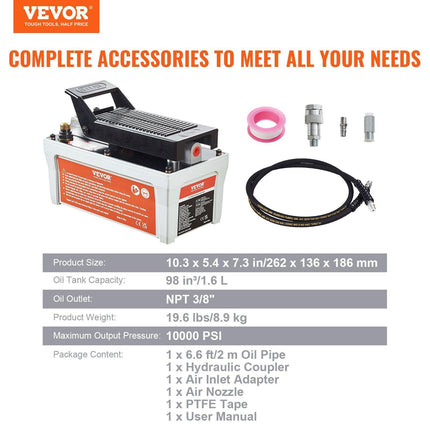 VEVOR Air Hydraulic Pump, 10,000 PSI 1/2 Gal Reservoir, NPT 3/8" Oil Outlet, NPT 1/4" Inlet, 6.6 ft Pipe, Foot Actuated Hydraulic Pump Air Treadle for Auto Body Frame Machines and Pulling Post, Gray.