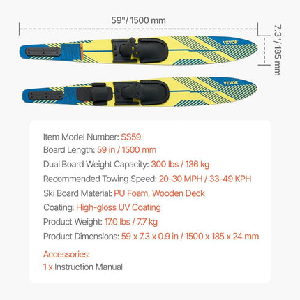 150 cm Water Skis Combo Adults Water Skis with X-7 Adjustable Bindings.