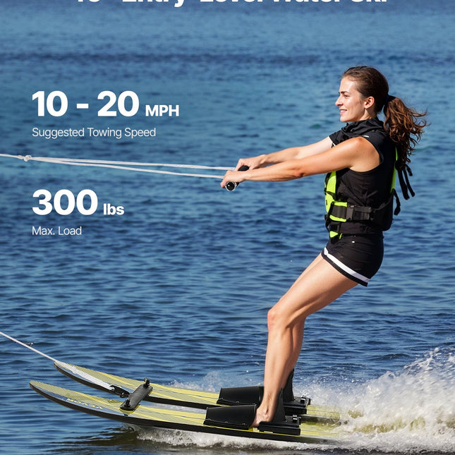 Water Skis 116.8 cm / 46 inch, Water Ski Trainers with X-7 Adjustable Bindings, Double-Handle Rope & Removable Stabilizing Bar, Training Waterskis Combo for Youth Up to 136 kg.