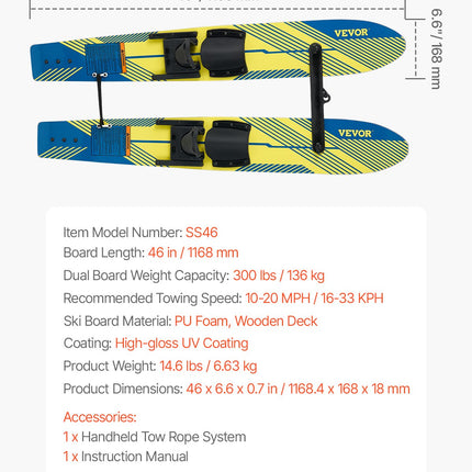 Water Skis 116.8 cm / 46 inch, Water Ski Trainers with X-7 Adjustable Bindings, Double-Handle Rope & Removable Stabilizing Bar, Training Waterskis Combo for Youth Up to 136 kg.