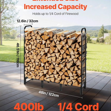 Firewood Rack with Waterproof Cover, 1.22m Outdoor Firewood Holder, 1/4 Cord Storage Metal Log Holder, 400lb Max Weight Capacity, Top Covered, Powder-Coated Wood Storage Rack for Fireplace Deck.