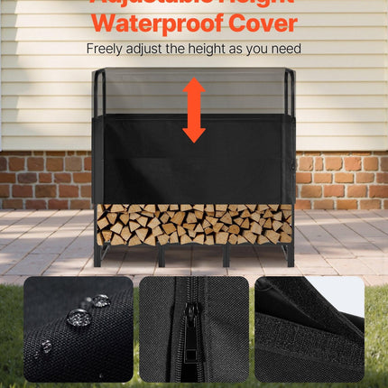 Firewood Rack with Waterproof Cover, 1.22m Outdoor Firewood Holder, 1/4 Cord Storage Metal Log Holder, 400lb Max Weight Capacity, Top Covered, Powder-Coated Wood Storage Rack for Fireplace Deck.