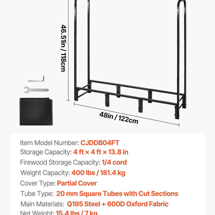Firewood Rack with Waterproof Cover, 1.22m Outdoor Firewood Holder, 1/4 Cord Storage Metal Log Holder, 400lb Max Weight Capacity, Top Covered, Powder-Coated Wood Storage Rack for Fireplace Deck.