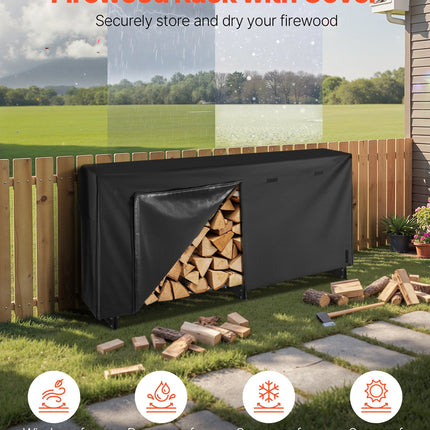 Firewood Rack with Waterproof Cover, 2.57m Outdoor Firewood Holder, 1/2 Cord Storage Metal Log Holder, 299kg Max Weight Capacity, Top Covered, Powder-Coated Wood Storage Rack for Fireplace Deck.